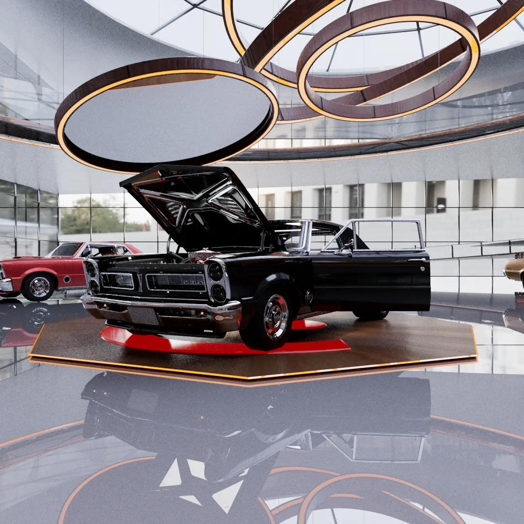 Muscle car Pontiac GTO 1967 noir classique avec capot ouvert exposé dans une salle d'exposition moderne.