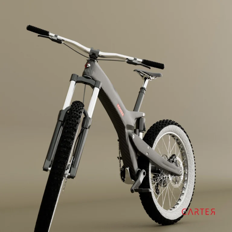Vélo tout-terrain au design futuriste avec cadre en fibre de carbone et suspension avancée