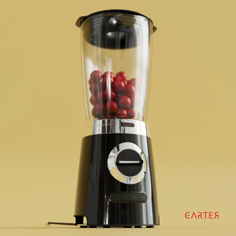 Blender noir moderne avec des cerises rouges à l'intérieur, sur fond beige.