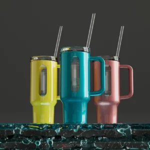 Rendu 3D photoréaliste de trois mugs isothermes modernes aux couleurs vives (jaune, bleu, rose), avec couvercles transparents et pailles en métal. Posés sur une surface texturée et liquide, ils reflètent un design élégant et fonctionnel.