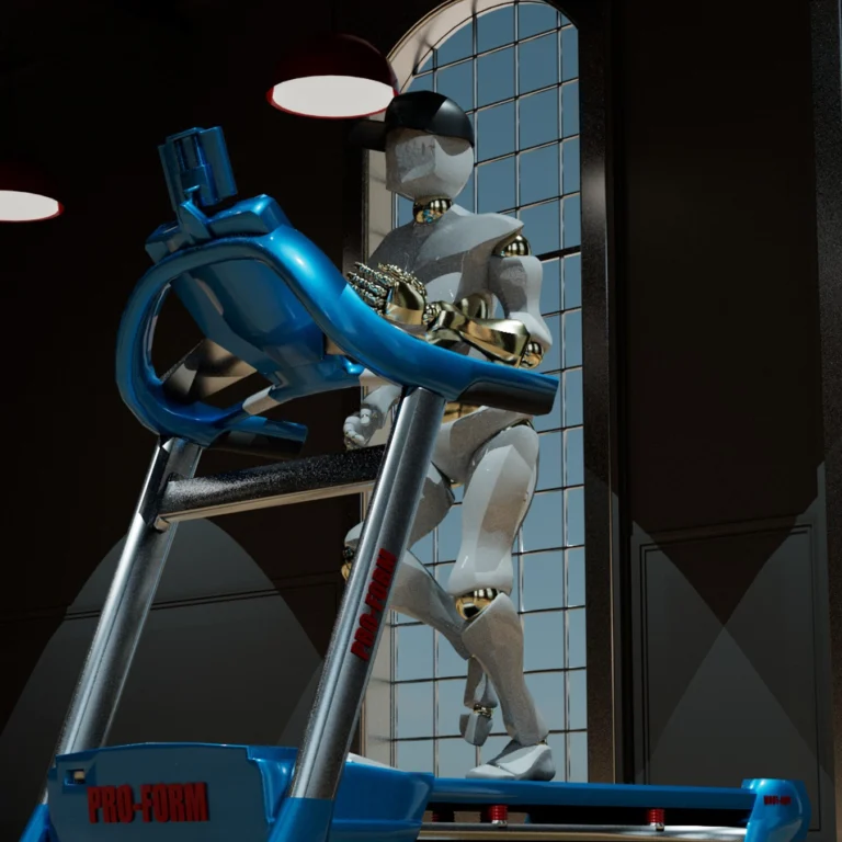 Robot humanoïde en entraînement sur un tapis de course Pro-Form dans une pièce avec une grande fenêtre voûtée.