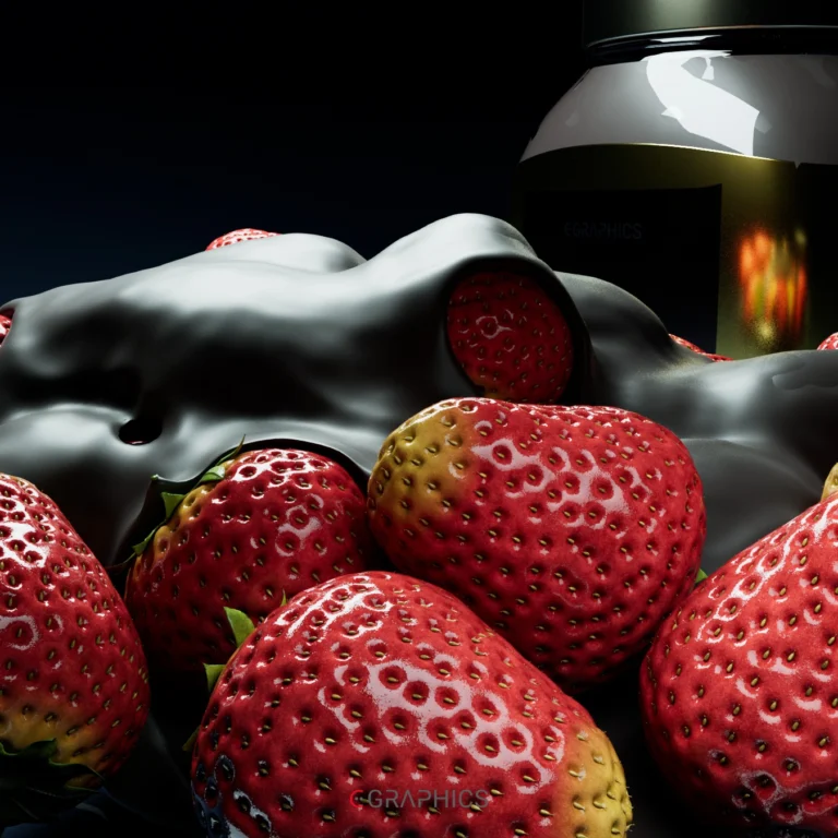 Délicieuses fraises fraîches nappées de chocolat noir fondant, présentées sur un plat élégant. Une tentation gourmande irrésistible capturée dans un rendu 3D réaliste