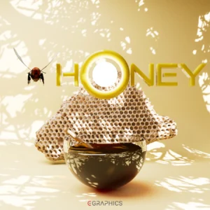 Illustration 3D représentant un pot de miel, un rayon de cire et une abeille – C Graphics