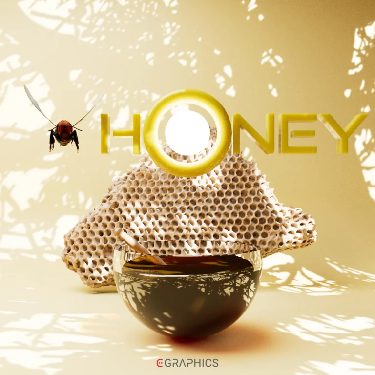 Illustration 3D représentant un pot de miel, un rayon de cire et une abeille – C Graphics