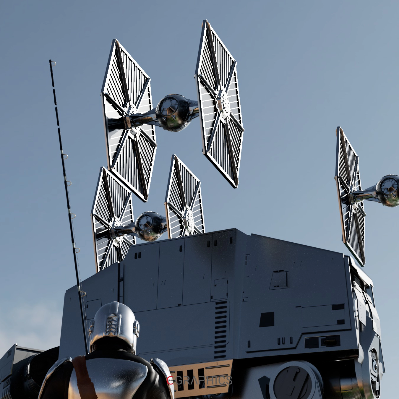 Illustration 3D inspirée de Star Wars : un guerrier en armure contemple un paysage désertique, face aux imposantes jambes d'un AT-AT et à un croiseur impérial flottant au loin. Texte doré « May the 4th be with you » en hommage à la journée Star Wars