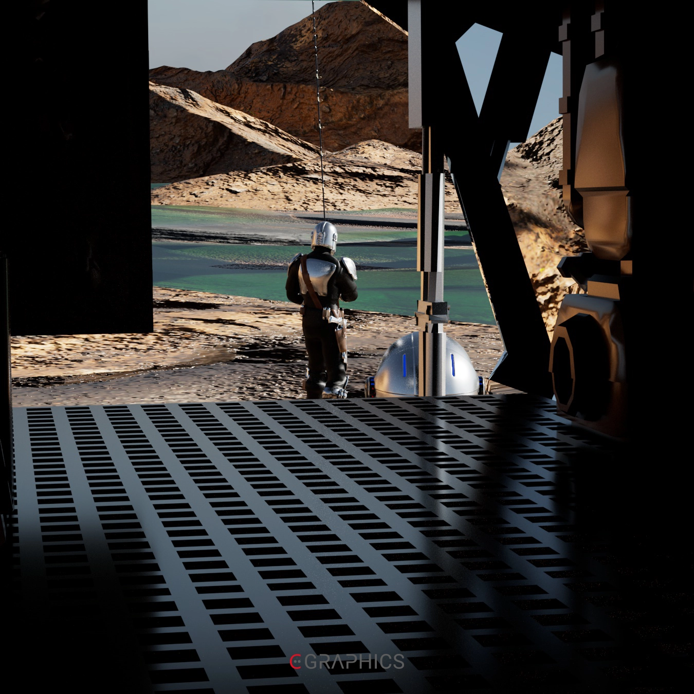 Illustration 3D inspirée de Star Wars : un guerrier en armure contemple un paysage désertique, face aux imposantes jambes d'un AT-AT et à un croiseur impérial flottant au loin. Texte doré « May the 4th be with you » en hommage à la journée Star Wars