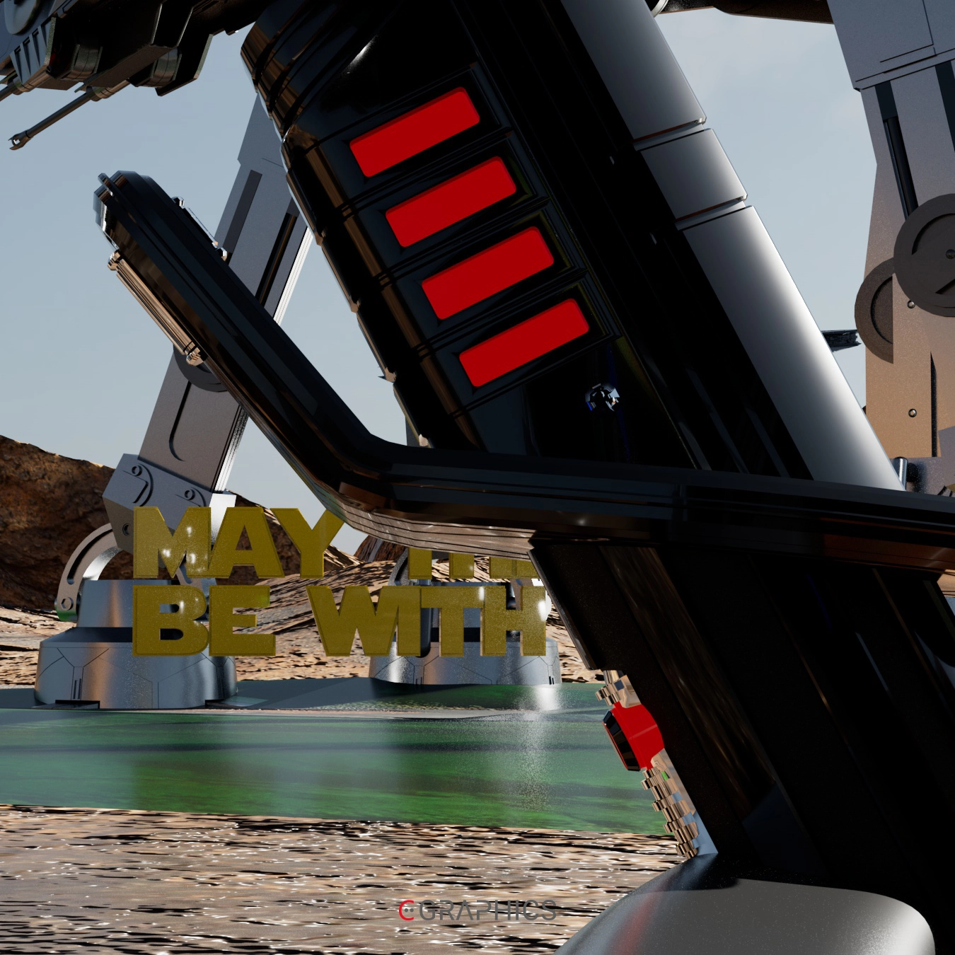 Illustration 3D inspirée de Star Wars : un guerrier en armure contemple un paysage désertique, face aux imposantes jambes d'un AT-AT et à un croiseur impérial flottant au loin. Texte doré « May the 4th be with you » en hommage à la journée Star Wars