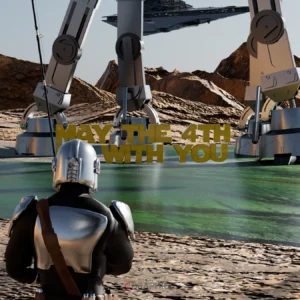 Illustration 3D inspirée de Star Wars : un guerrier en armure contemple un paysage désertique, face aux imposantes jambes d'un AT-AT et à un croiseur impérial flottant au loin. Texte doré « May the 4th be with you » en hommage à la journée Star Wars