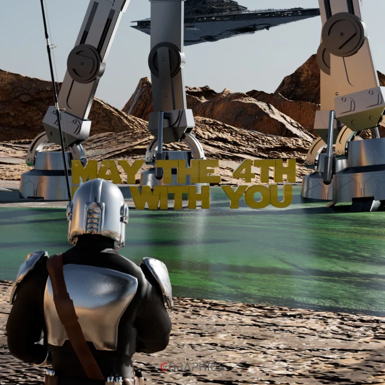 Illustration 3D inspirée de Star Wars : un guerrier en armure contemple un paysage désertique, face aux imposantes jambes d'un AT-AT et à un croiseur impérial flottant au loin. Texte doré « May the 4th be with you » en hommage à la journée Star Wars