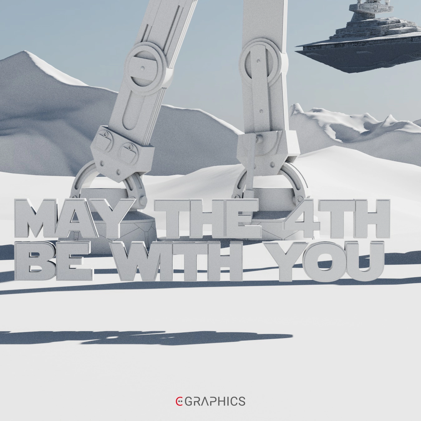 Illustration 3D inspirée de Star Wars : un guerrier en armure contemple un paysage désertique, face aux imposantes jambes d'un AT-AT et à un croiseur impérial flottant au loin. Texte doré « May the 4th be with you » en hommage à la journée Star Wars