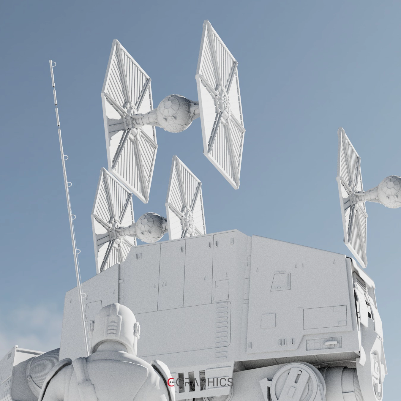 Illustration 3D inspirée de Star Wars : un guerrier en armure contemple un paysage désertique, face aux imposantes jambes d'un AT-AT et à un croiseur impérial flottant au loin. Texte doré « May the 4th be with you » en hommage à la journée Star Wars