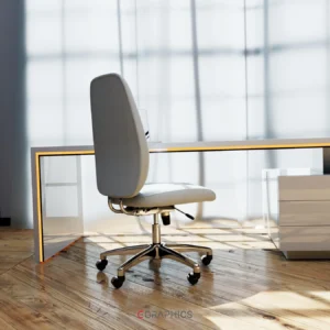 Visualisation 3D photoréaliste d’un espace de bureau moderne, mettant en avant une chaise ergonomique au design épuré sur fond de lumière naturelle et de matériaux haut de gamme.