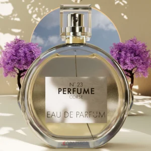 Visualisation 3D élégante d’un flacon de parfum rond ‘N°23 Perfume Corse – Eau de Parfum’, mis en scène dans un décor poétique avec arbres en fleurs violettes et lumière naturelle. Création graphique raffinée signée C. Graphics.
