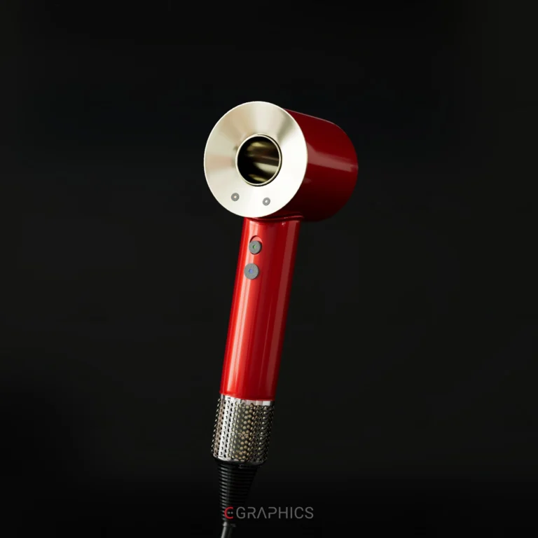 modélisation 3D d’un sèche-cheveux moderne au design élégant et raffiné. Avec son corps rouge brillant, ses accents métalliques dorés et son embout texturé