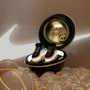 Rendu 3D réaliste de baskets noires avec semelle lumineuse.