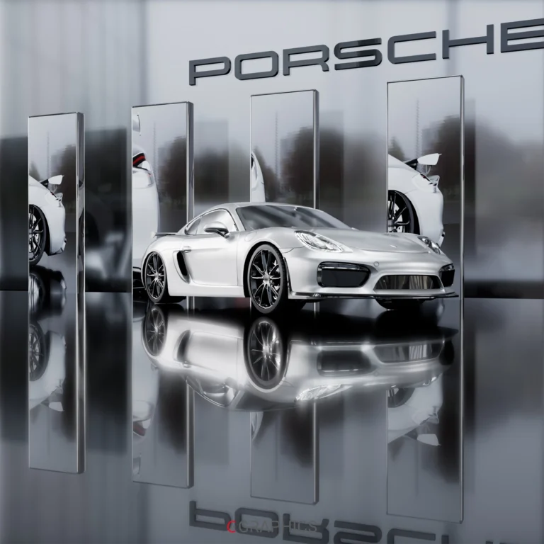 Porsche sportive modélisée en 3D, rendu haute définition et fidèle.