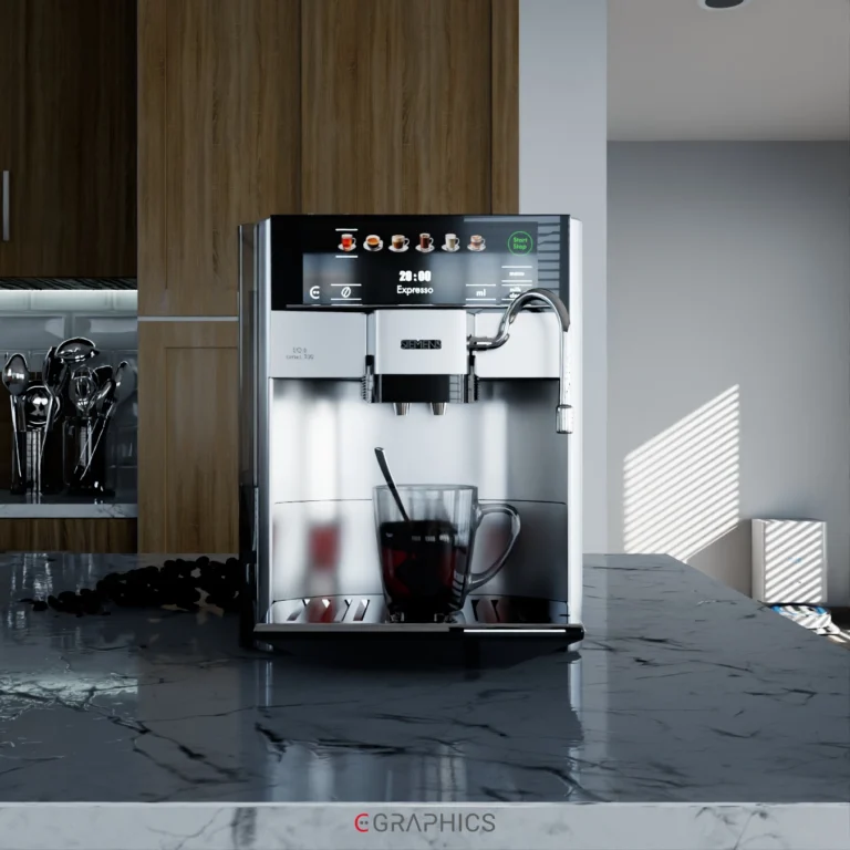 Découvrez la machine à café sublimée en 3D. Un rendu ultra-réaliste pour un design minimaliste et des textures photo-réalistes.