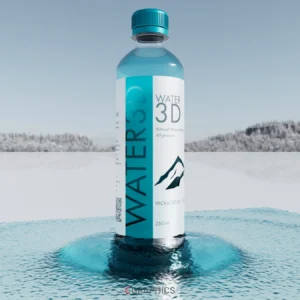 Modélisation 3D produit : bouteille d'eau avec un bouchon vissé, vue de profil, mettant en valeur les détails de la modélisation.