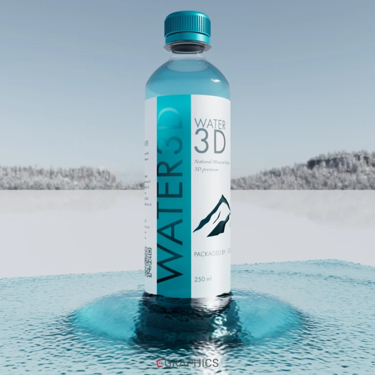 Modélisation 3D produit : bouteille d'eau avec un bouchon vissé, vue de profil, mettant en valeur les détails de la modélisation.