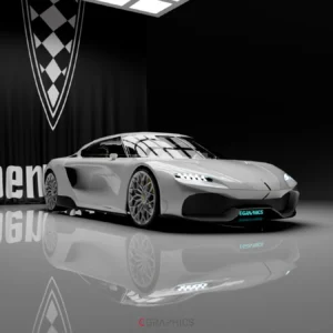Photographie virtuelle de la Koenigsegg Gemera en 3D, vue du trois-quarts avant.