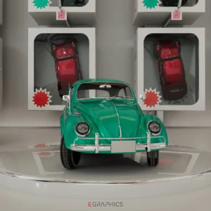 Détail du rendu 3D des phares et des finitions chromées d'une voiture de collection miniature.