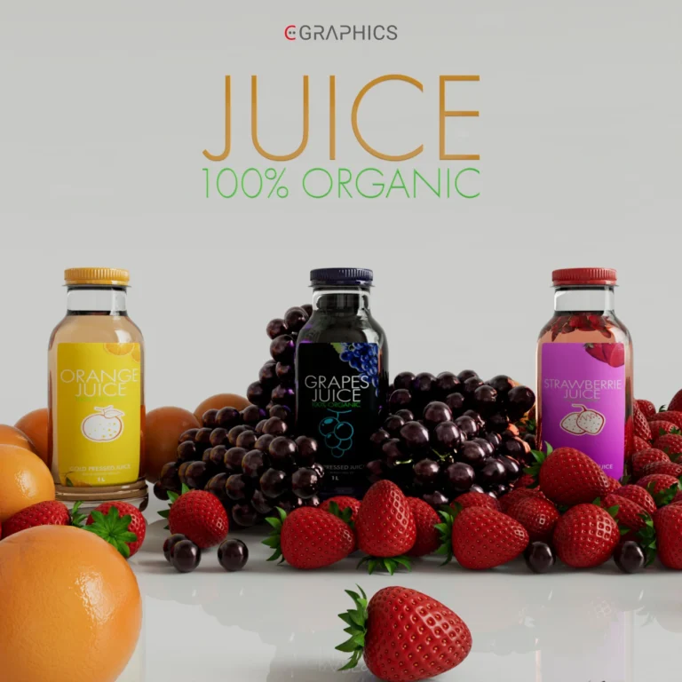 Packshot bouteilles jus bio 3D