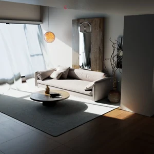 Salon moderne rendu 3D réaliste canapé beige