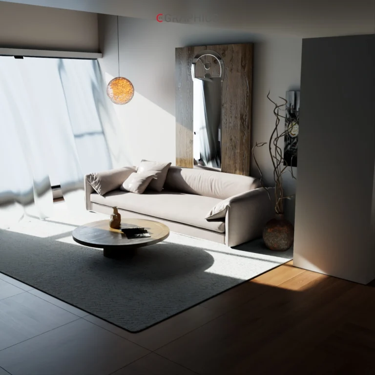 Salon moderne rendu 3D réaliste canapé beige