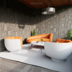 Fauteuil blanc lisse et assise cuir orange