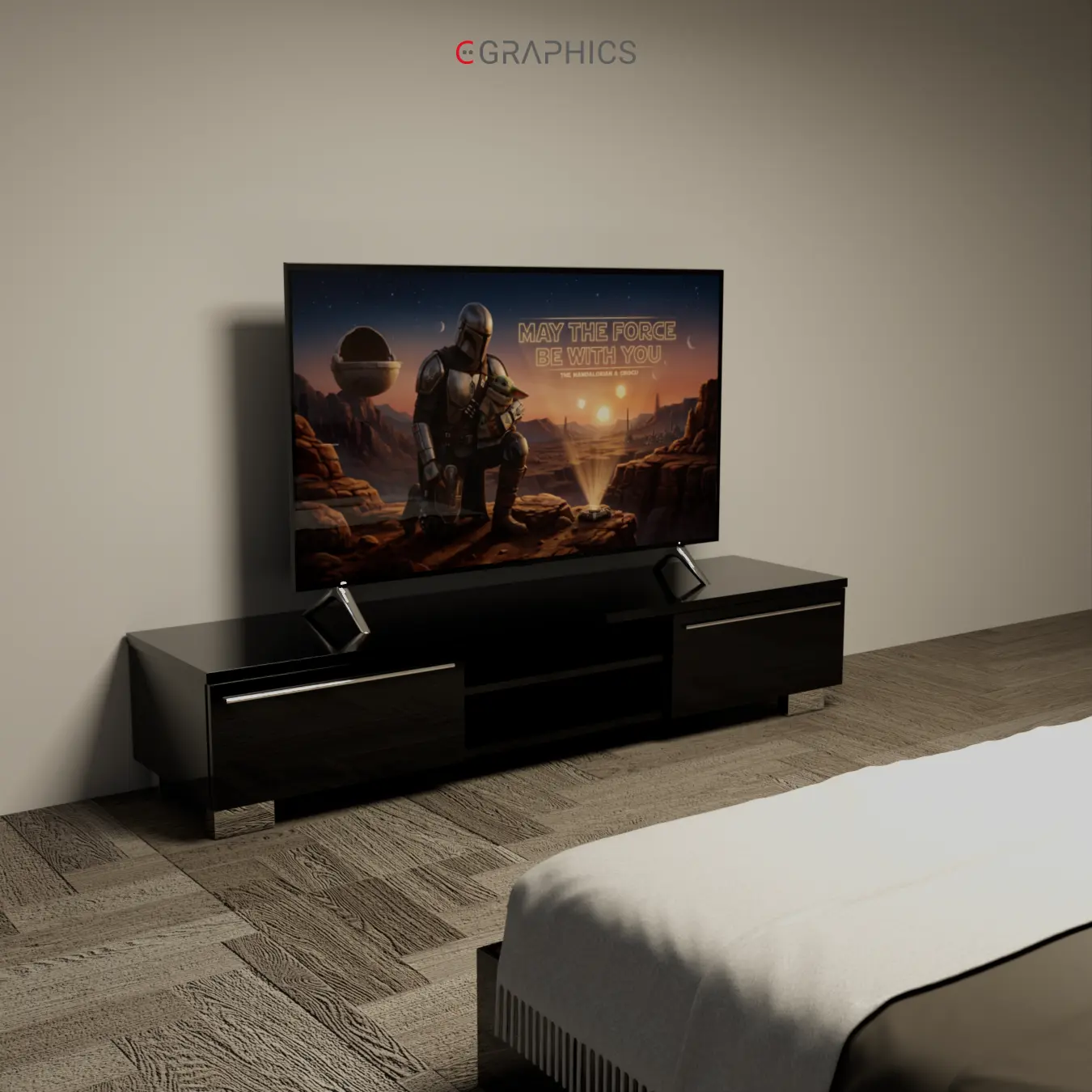 Rendu 3D photoréaliste d'une chambre élégante et lumineuse