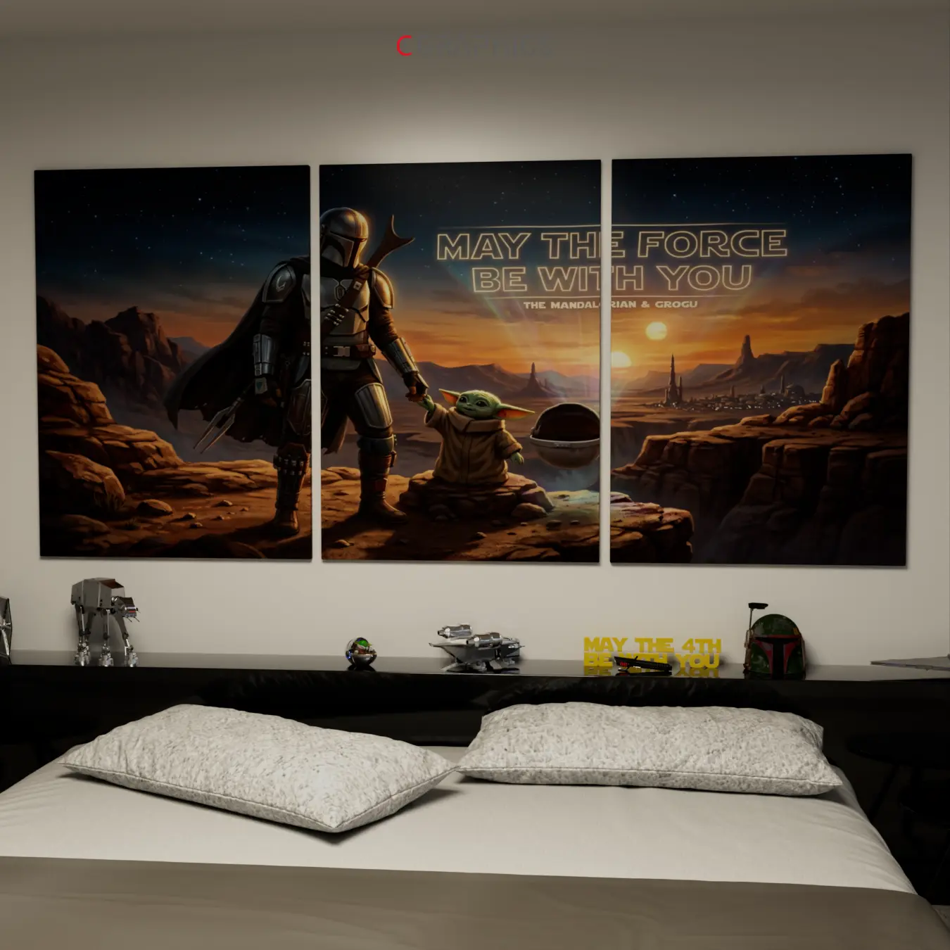 Tableau triptyque The Mandalorian au-dessus du lit