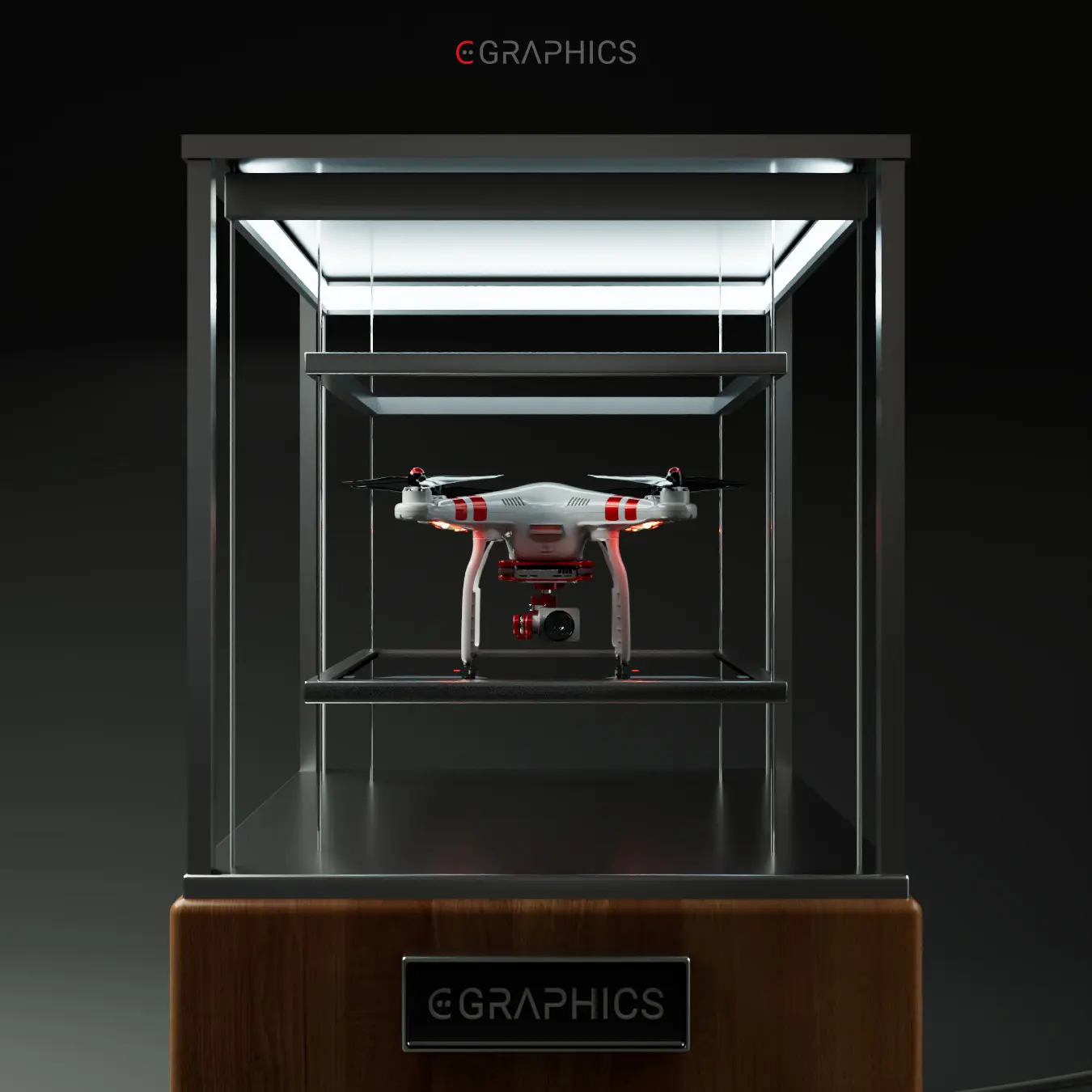 Drone DJI blanc et rouge en 3D dans une vitrine.