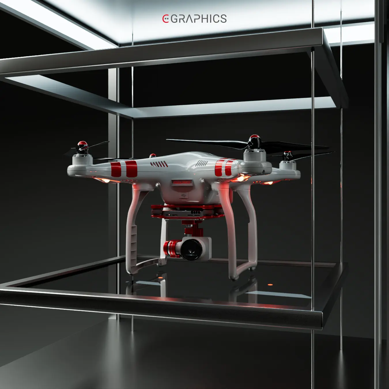 Rendu 3D photoréaliste d'un drone quadricoptère.