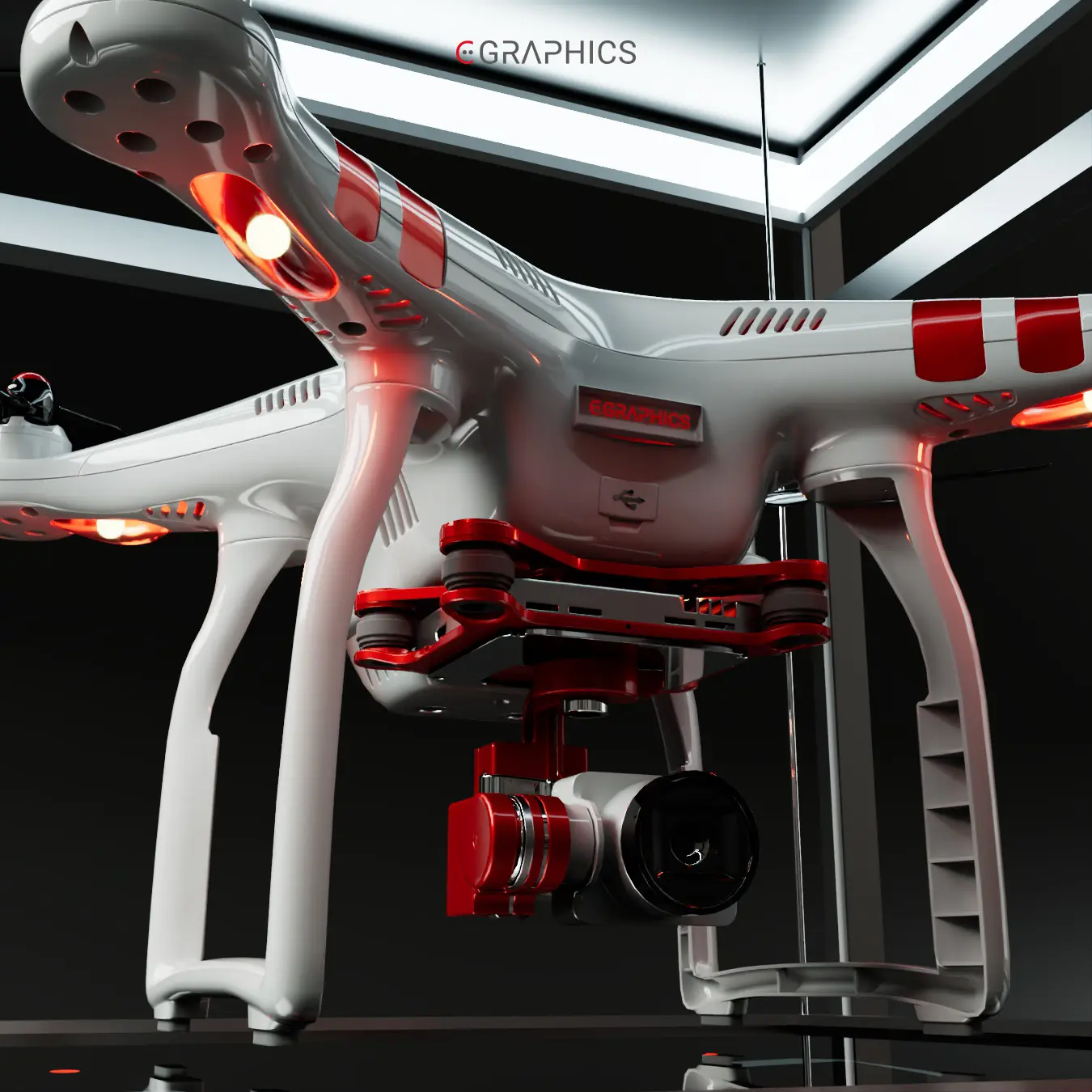 Caméra de drone rouge sous châssis blanc modélisée en 3D.
