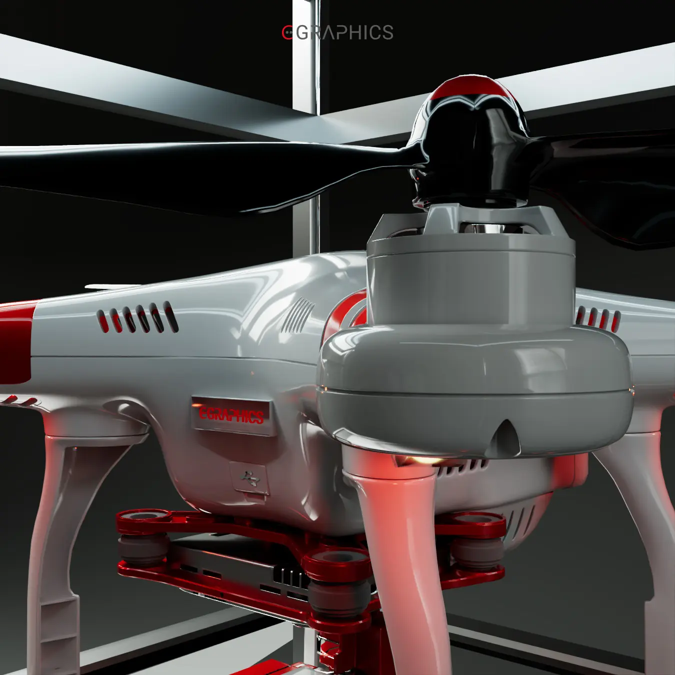 Détails des hélices noires d'un drone DJI en 3D.