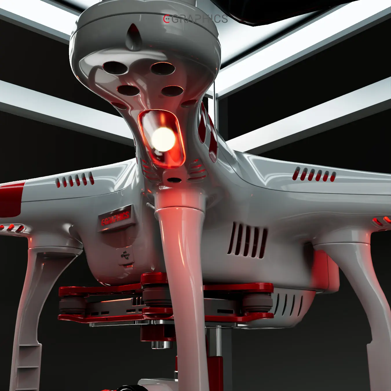 Drone DJI posé sur une étagère métallique en 3D.