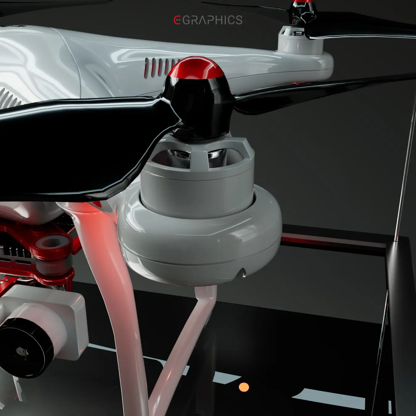 Mise en scène studio d'un drone avec matériaux réalistes.
