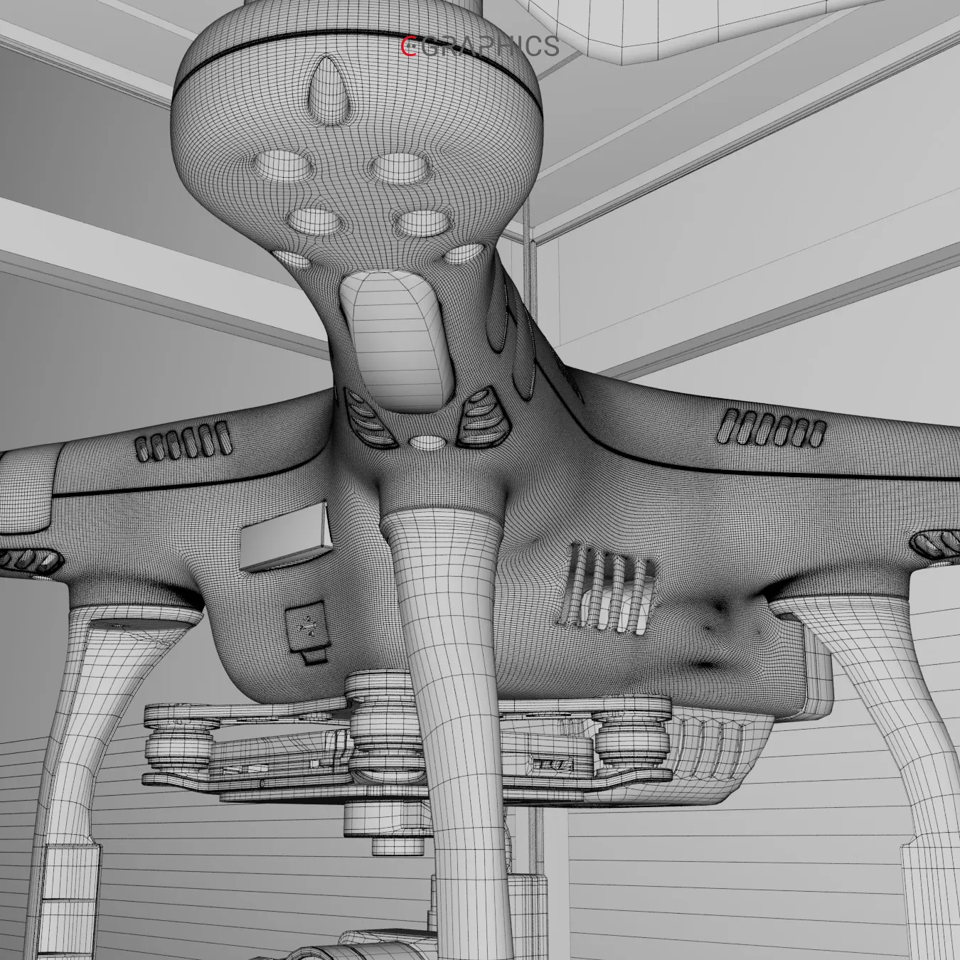 Maillage 3D d'un drone sans textures dans une vitrine.
