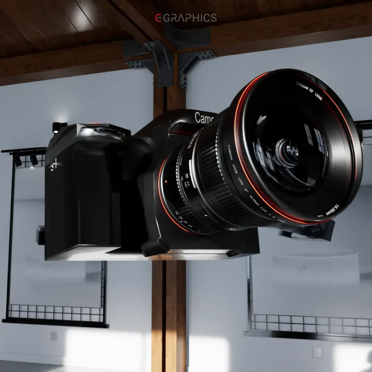 Rendu 3D photoréaliste d'un boîtier photo de profil