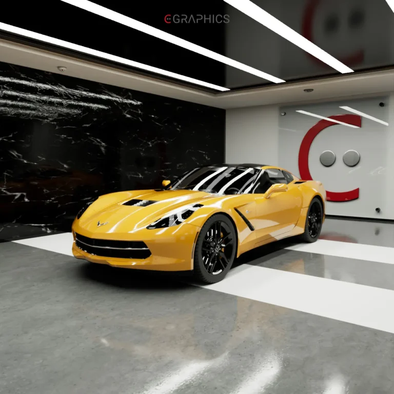 Vue 3/4 avant d'une Corvette Stingray jaune en 3D.