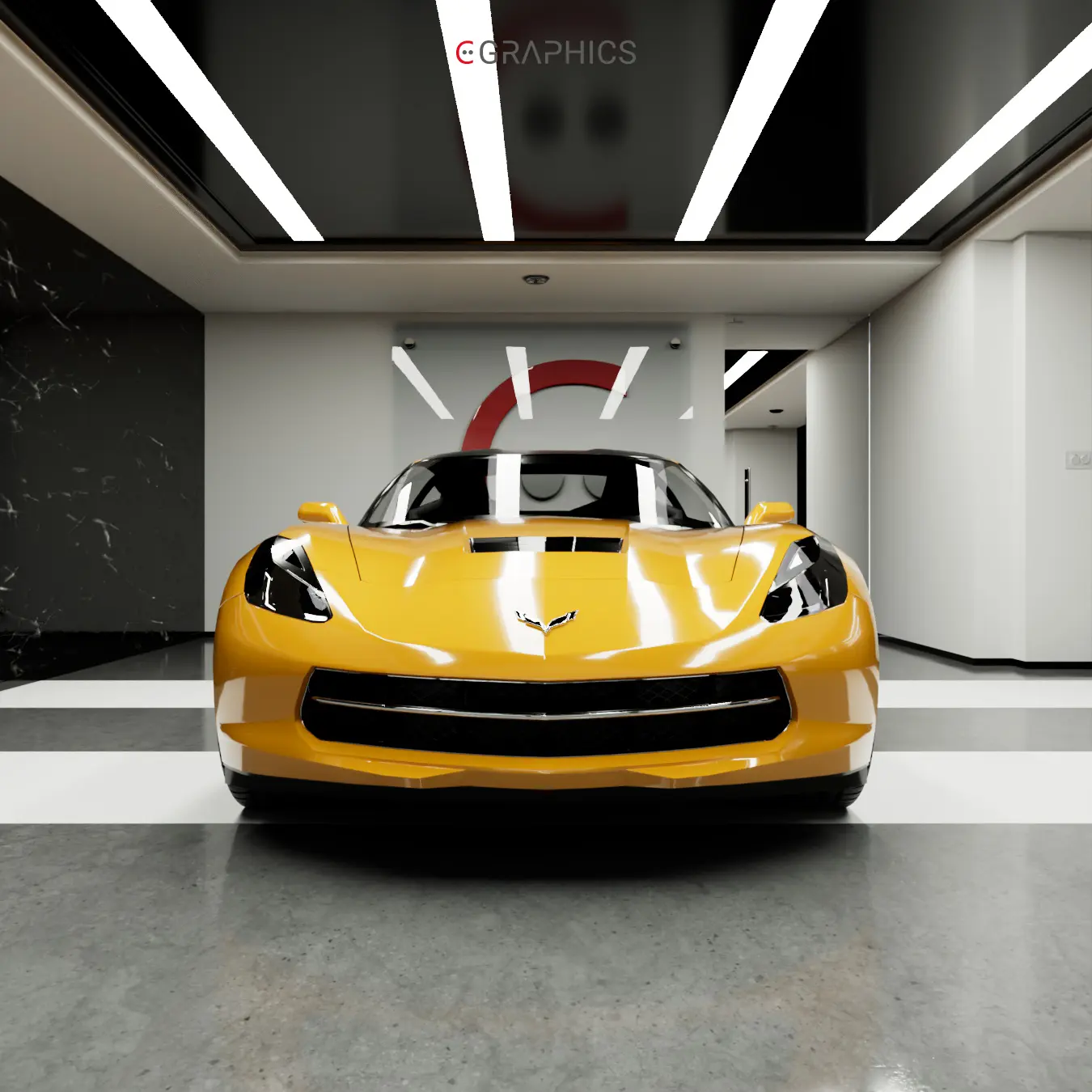 Face avant agressive d'une Corvette jaune photoréaliste.