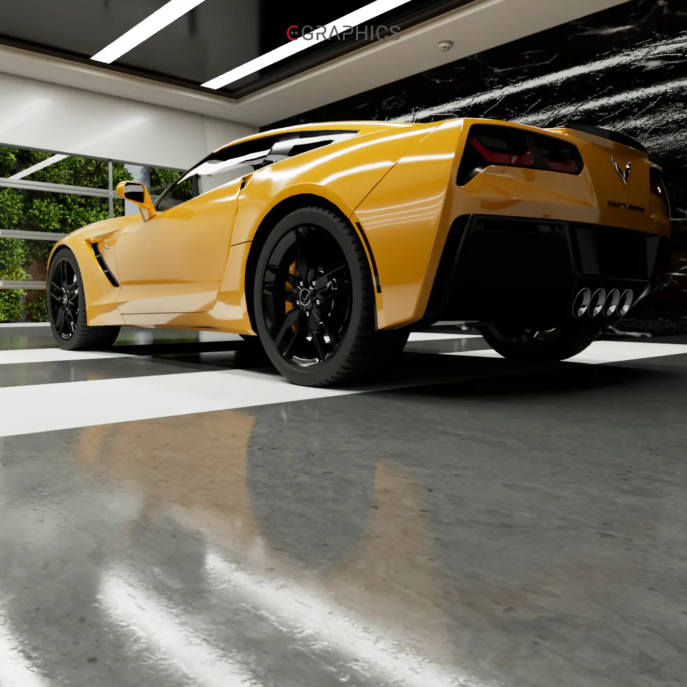 Arrière et reflets sur la carrosserie jaune d'une Corvette 3D.