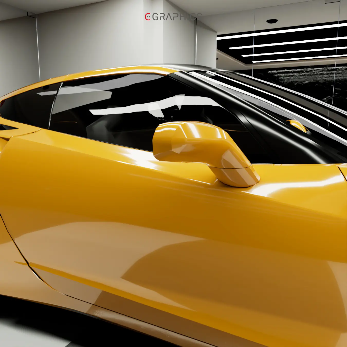 Détail du rétroviseur jaune et de la vitre latérale en 3D.