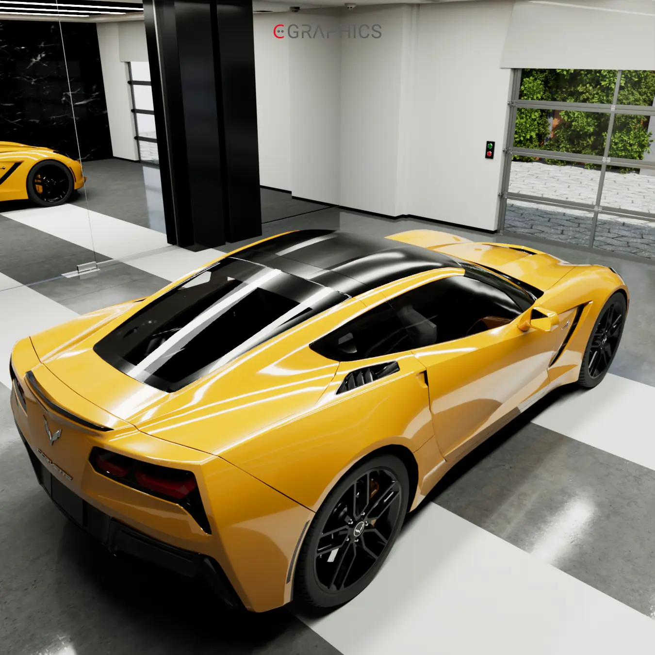 Vue plongeante sur le toit noir et la carrosserie jaune de la Corvette.