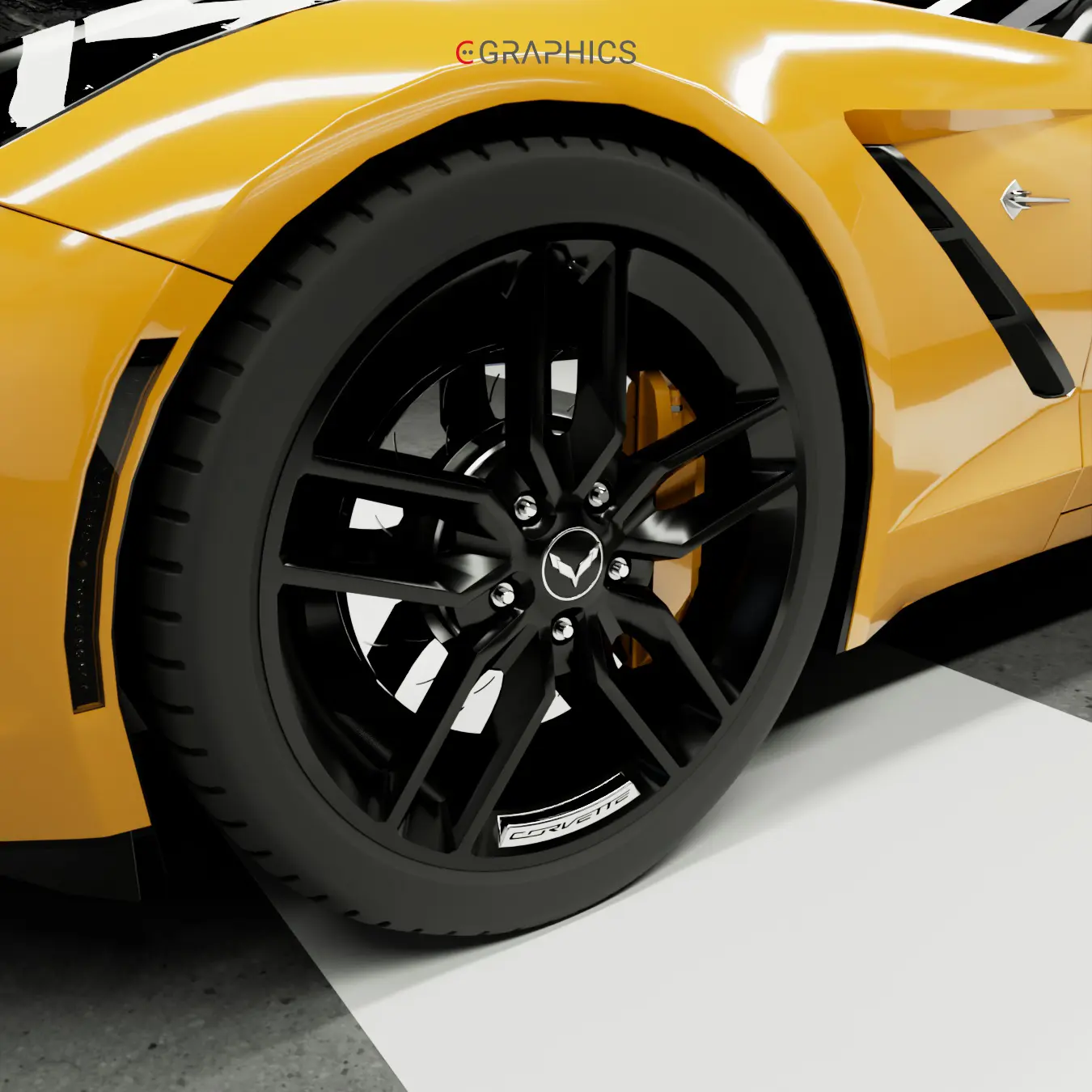 Gros plan sur la jante noire et le pneu réaliste de la Corvette 3D.