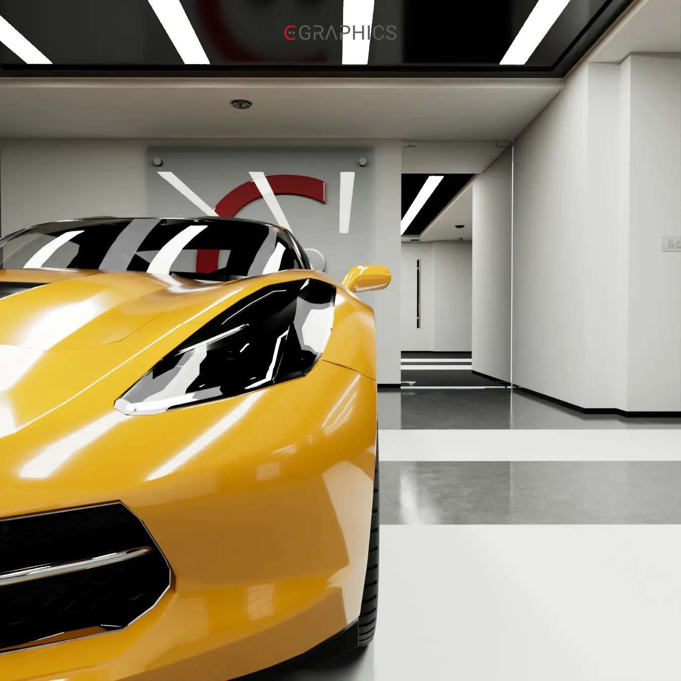 Phare avant droit et calandre d'une Corvette jaune CGI.