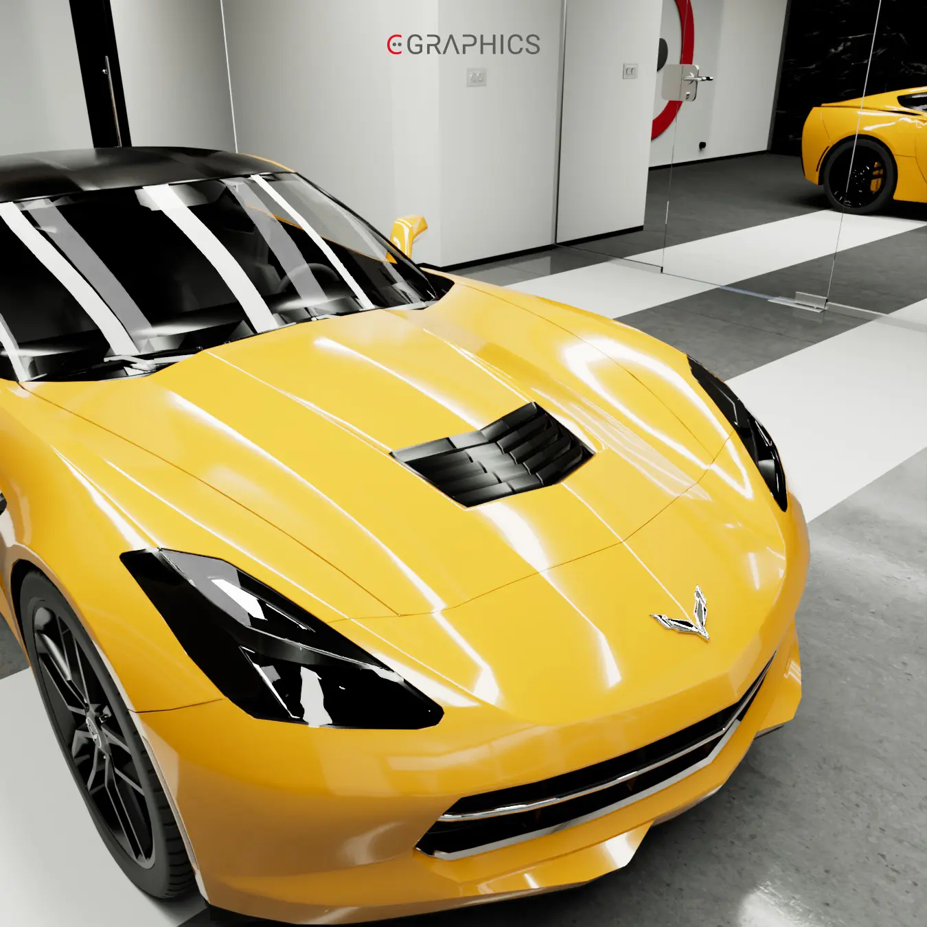 Détail du capot jaune avec aération noire de la Stingray.