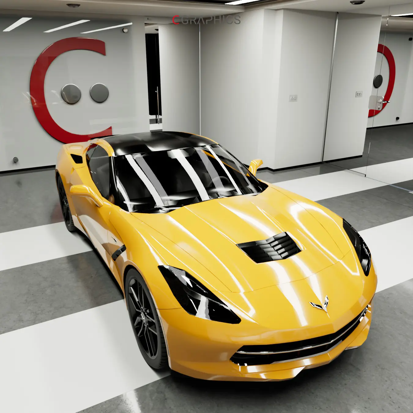 Vue 3/4 en plongée de la Corvette jaune dans un showroom 3D.