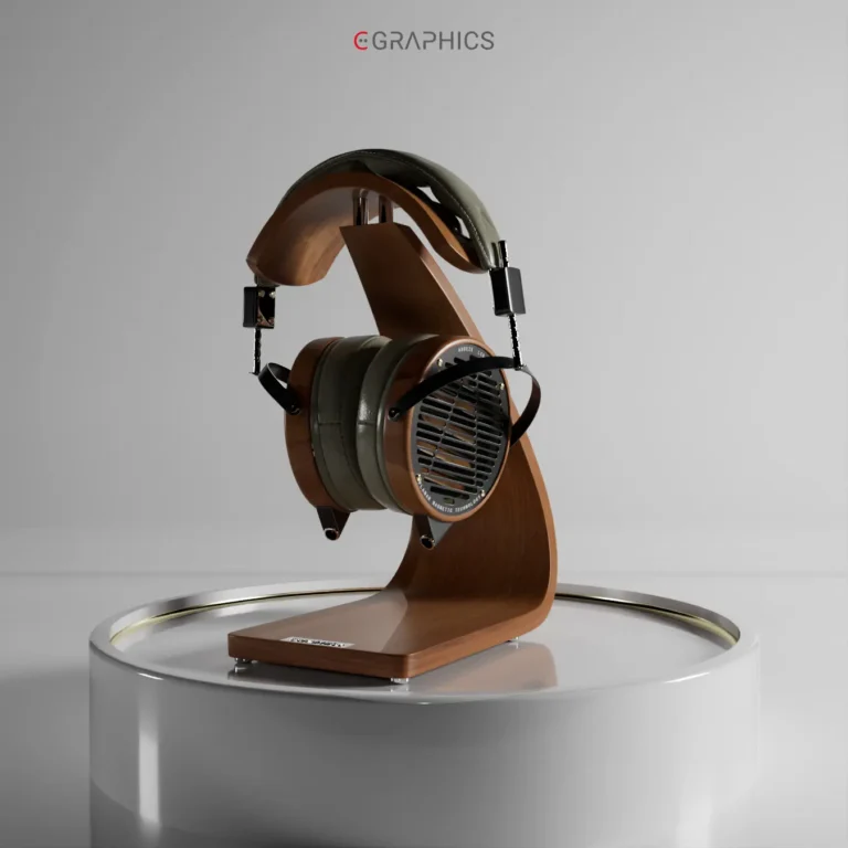 Vue de trois-quarts de mon rendu 3D du casque Audeze sur support en bois.