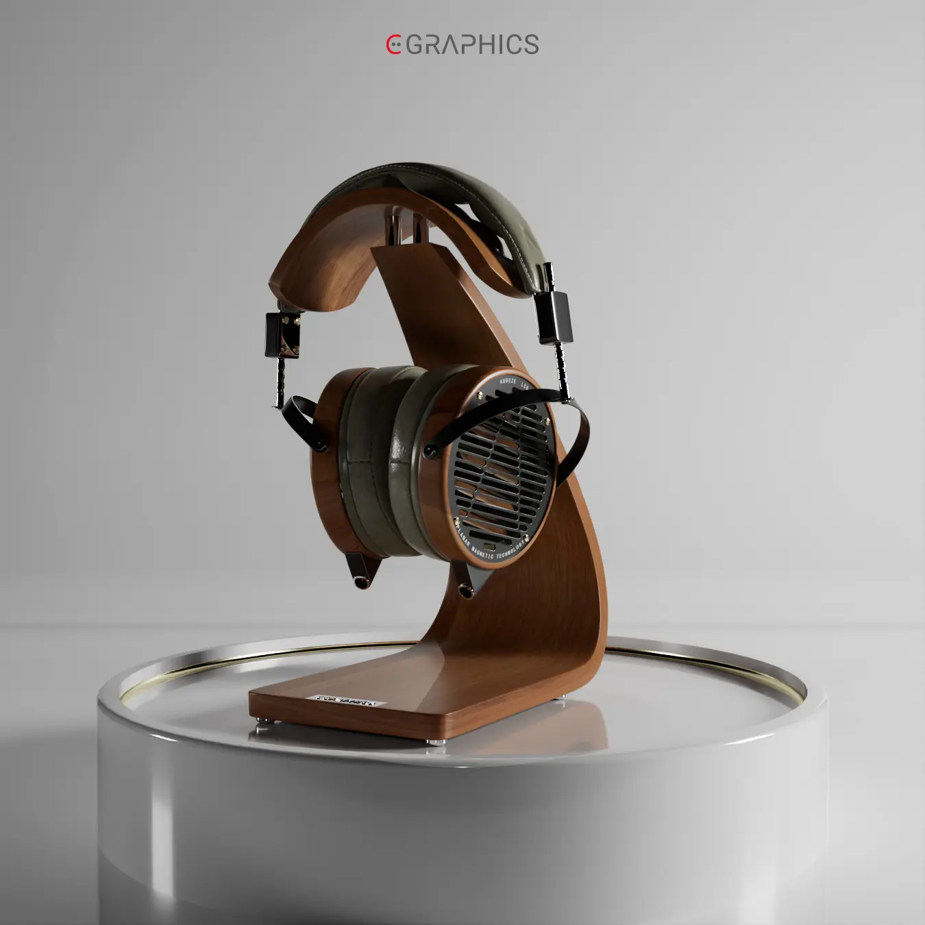 Vue de trois-quarts de mon rendu 3D du casque Audeze sur support en bois.